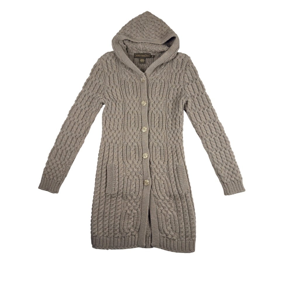 Inis Crafts Cable Knit Hooded Cardigan Women Medium Taupe